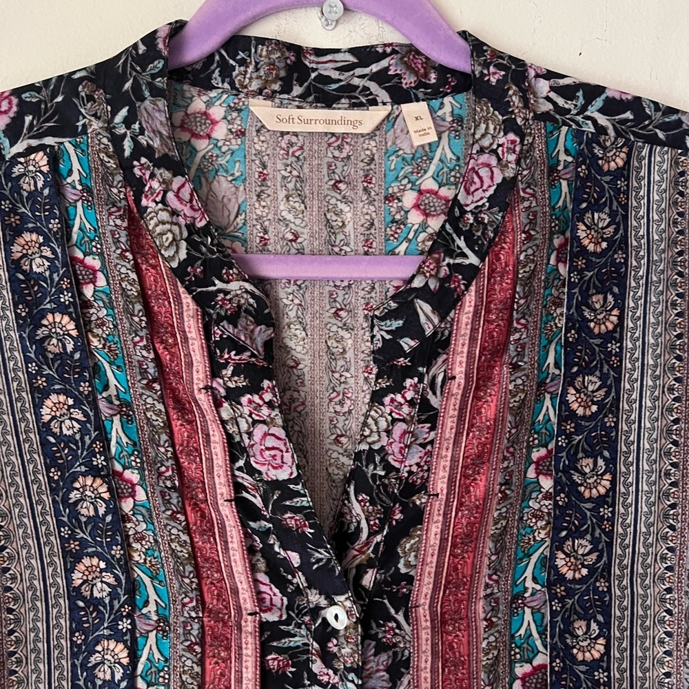 Soft Surroundings Multicolor Floral Stripe Button-Front Blouse - Picture 4 of 13